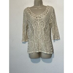 Adiva Ivory Crocheted Top Blouse 3/4 Sleeve Womens Medium Open Boho Festival‎
